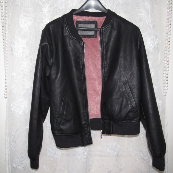 black leather jacket with pink lining